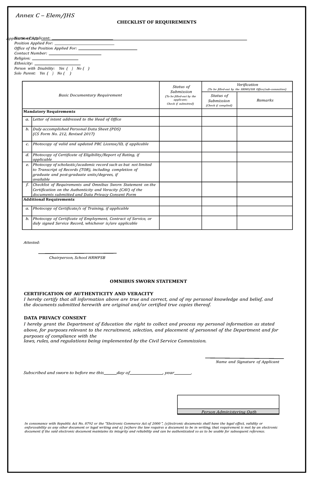 AnnexC ChecklistofRequirementsandOmnibusSwornStatementELEMJHS Annex C Elem/JHS