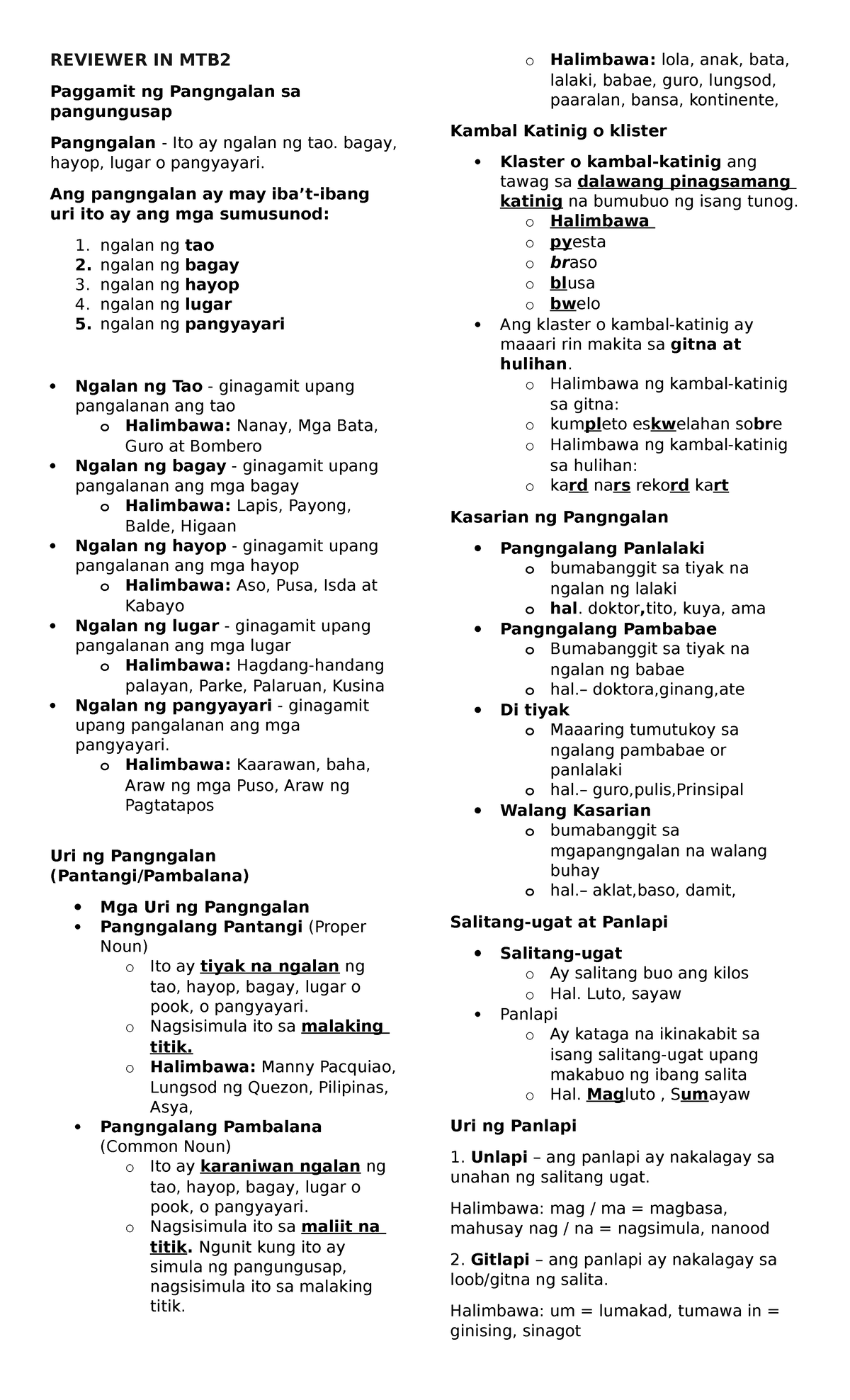 Reviewer IN MTB2 - REVIEWER IN MTB Paggamit Ng Pangngalan Sa ...