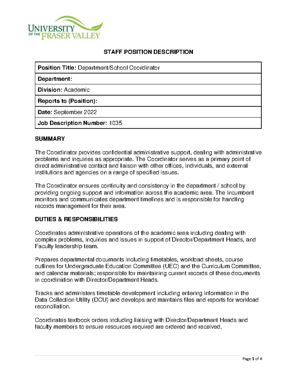 JD-Department School Coordinator - STAFF POSITION DESCRIPTION Position ...