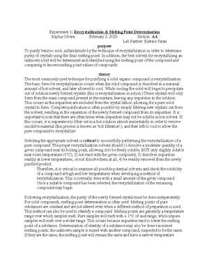 Experiment 1 Recrystallization & Melting Point Determination ...