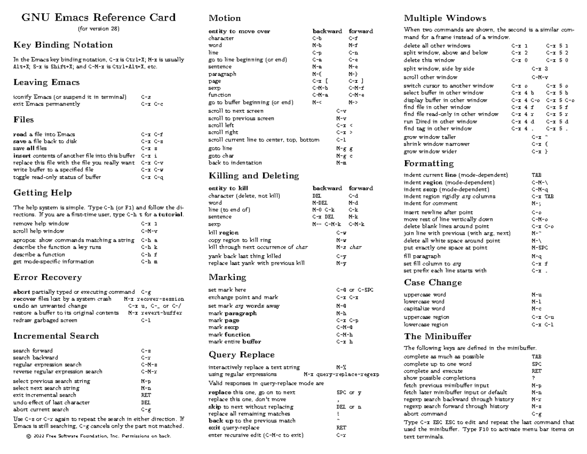 Emacs Commands - GNU Emacs Reference Card (for Version 28) Key Binding ...