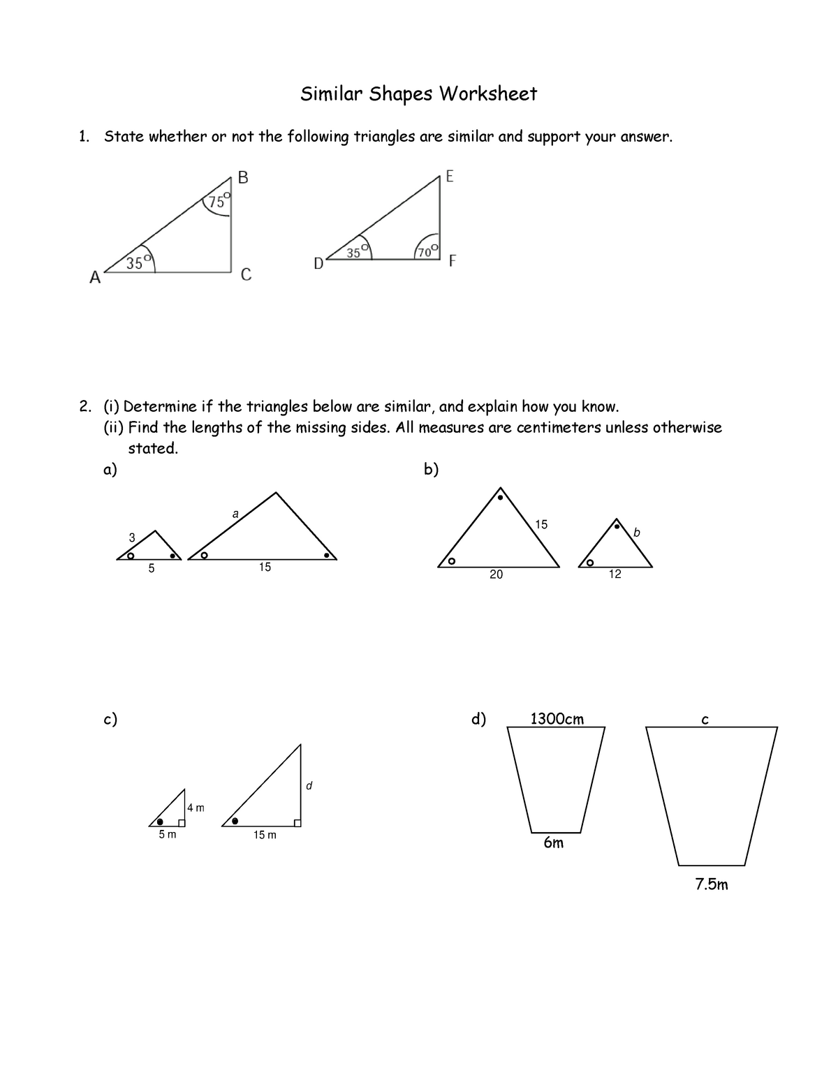 Similar Triangles Worksheet-2 - Similar Shapes Worksheet State whether