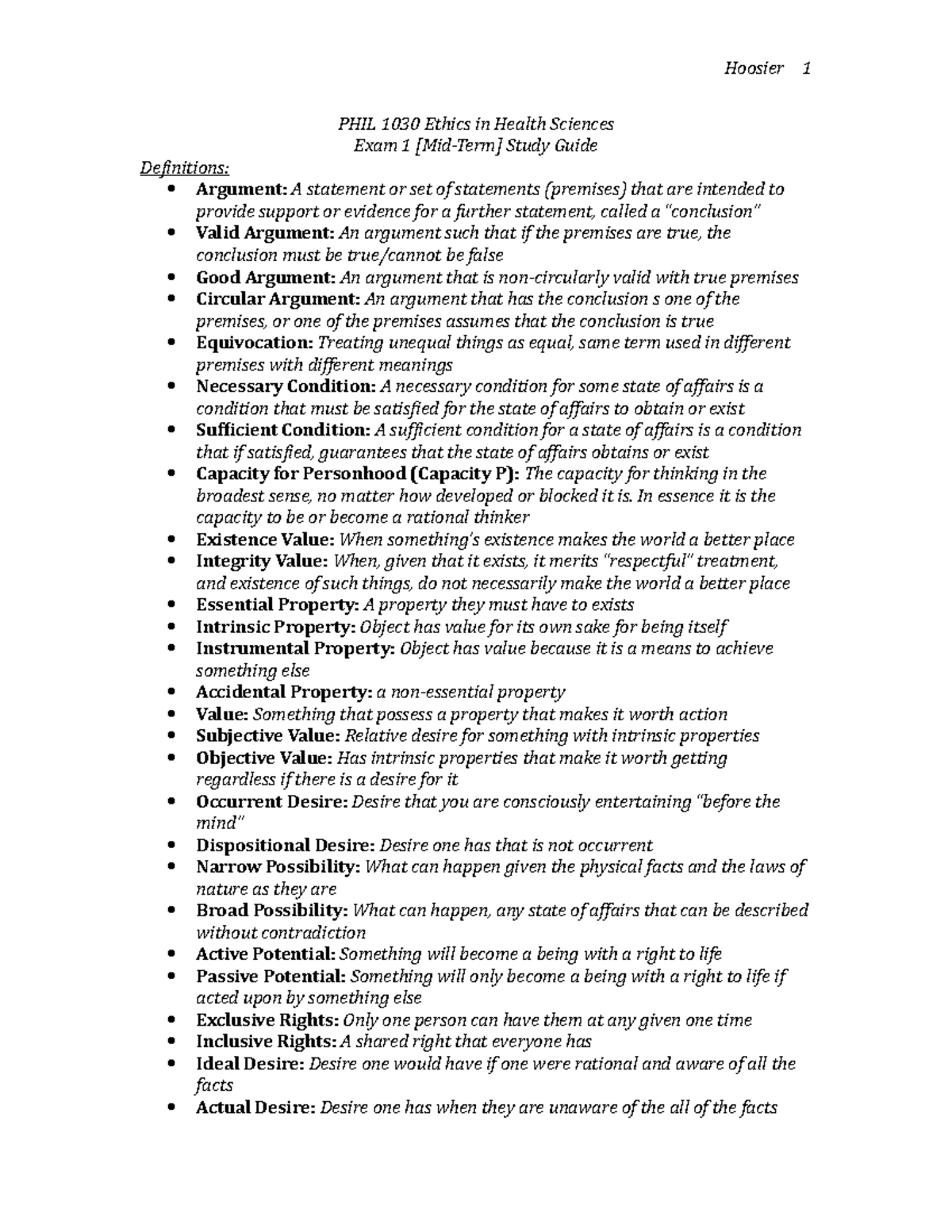 Midterm Exam Study Guide PHIL1030 - PHIL 1030 Ethics in Health Sciences ...