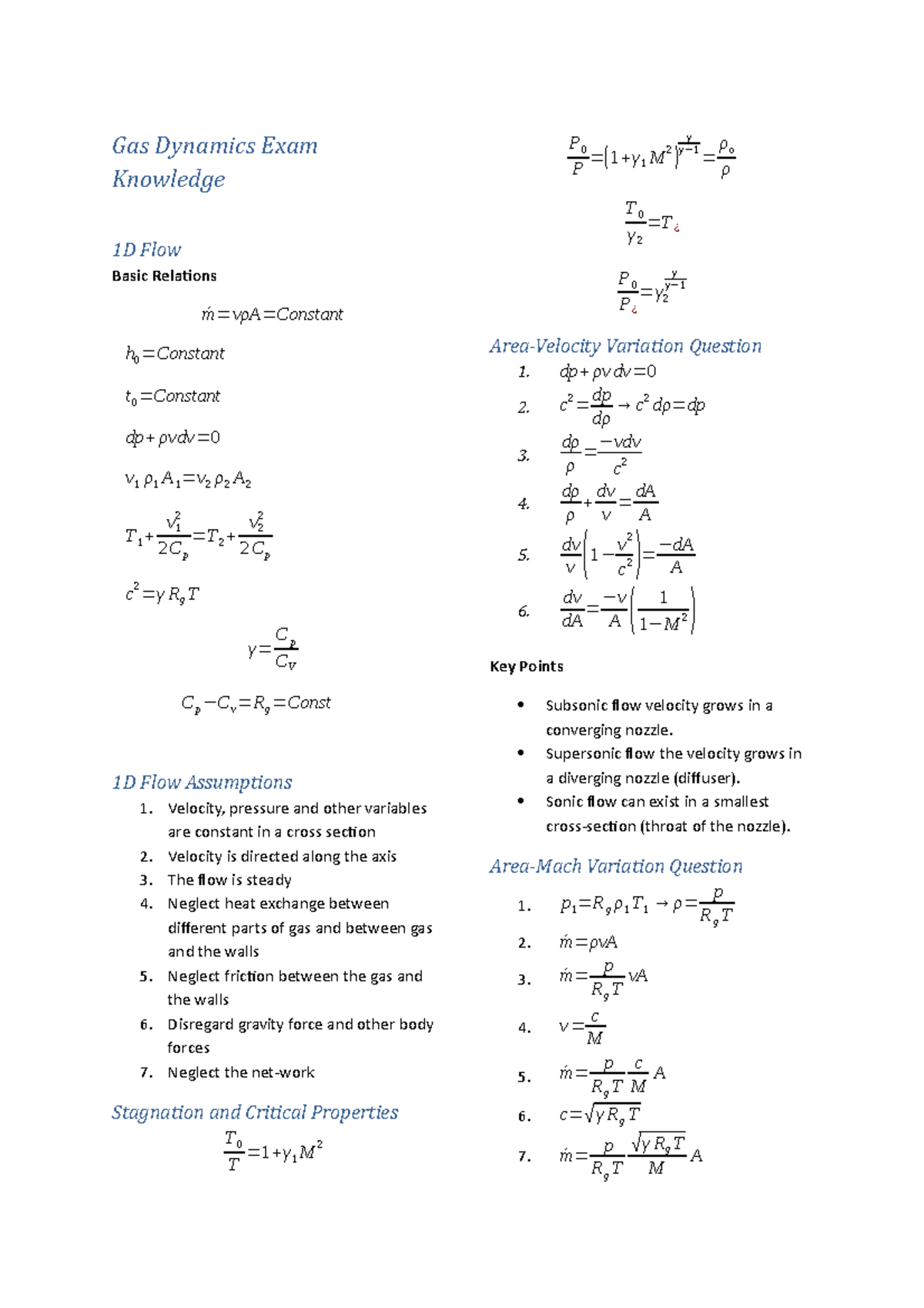 Gas Dynamics Exam Knowledge Gas Dynamics Exam Knowledge 1D Flow Basic