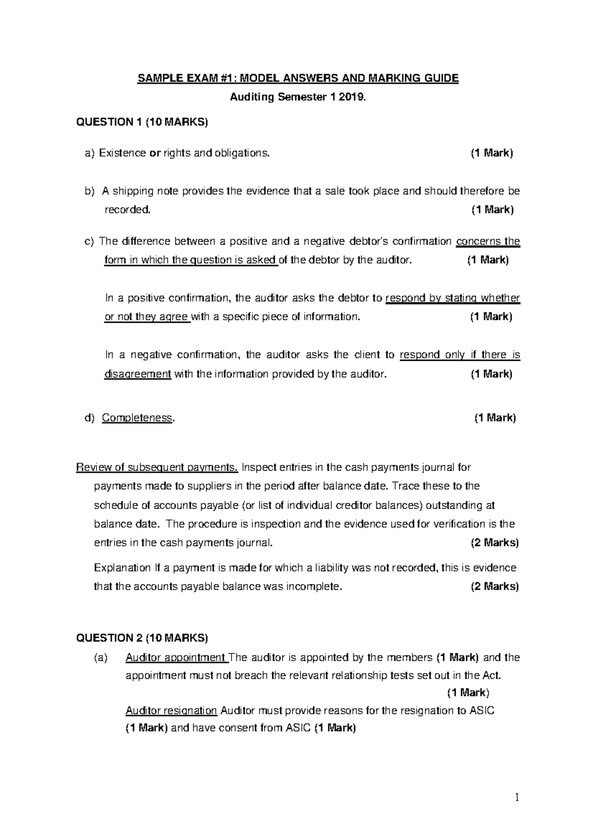 Exam 1 June 2019, answers - SAMPLE EXAM #1: MODEL ANSWERS AND MARKING ...