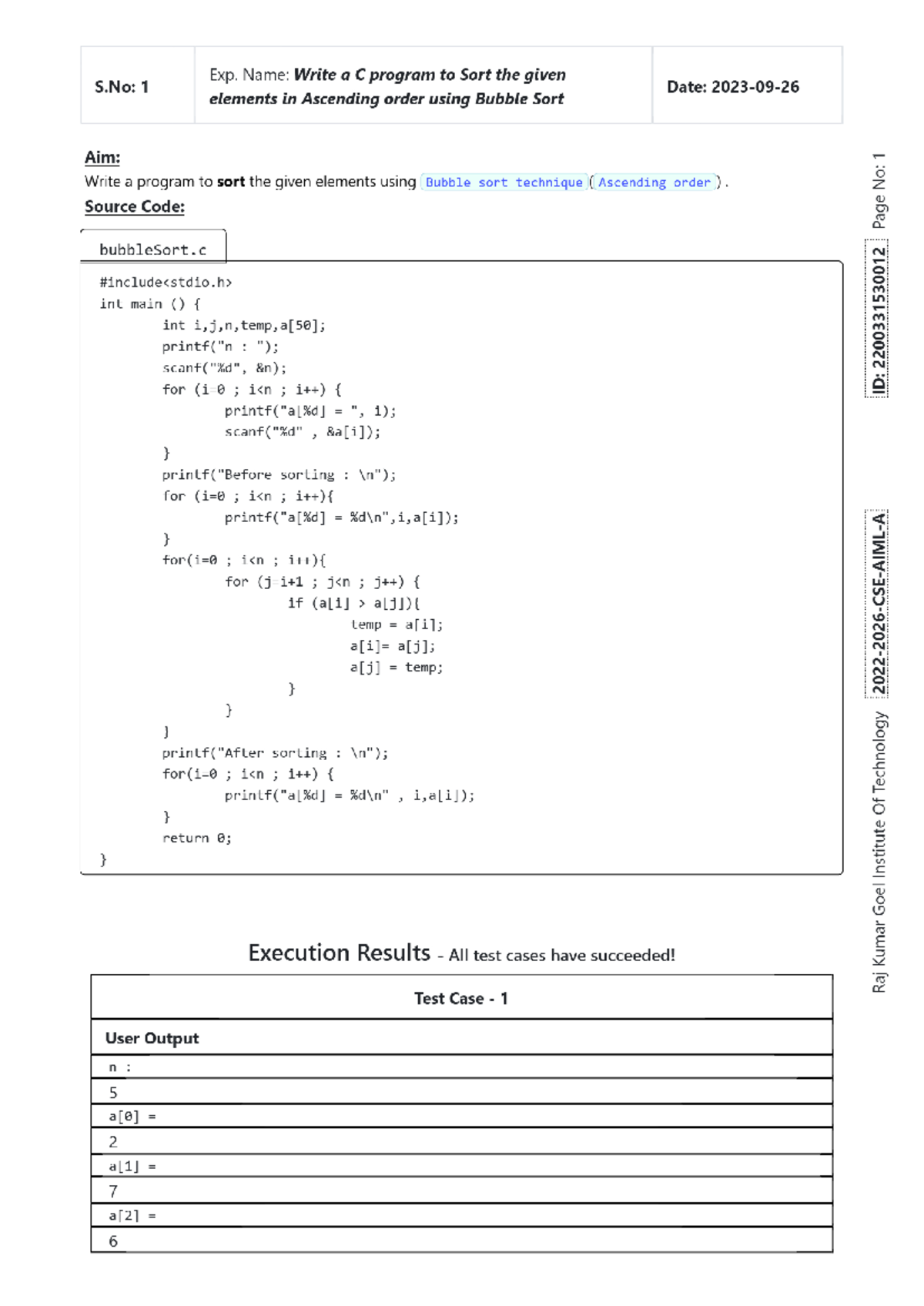 22003 31530012 Data Structure lab record 2023 10 30 - Exp. Name: Write ...