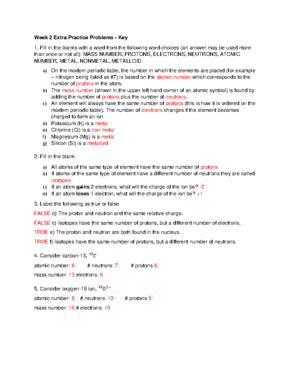 Week 2 Extra Practice Problems Key-1 - B) The Mass Number (shown In The ...