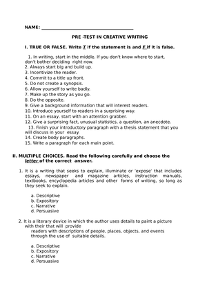 creative writing test questions for grade 12