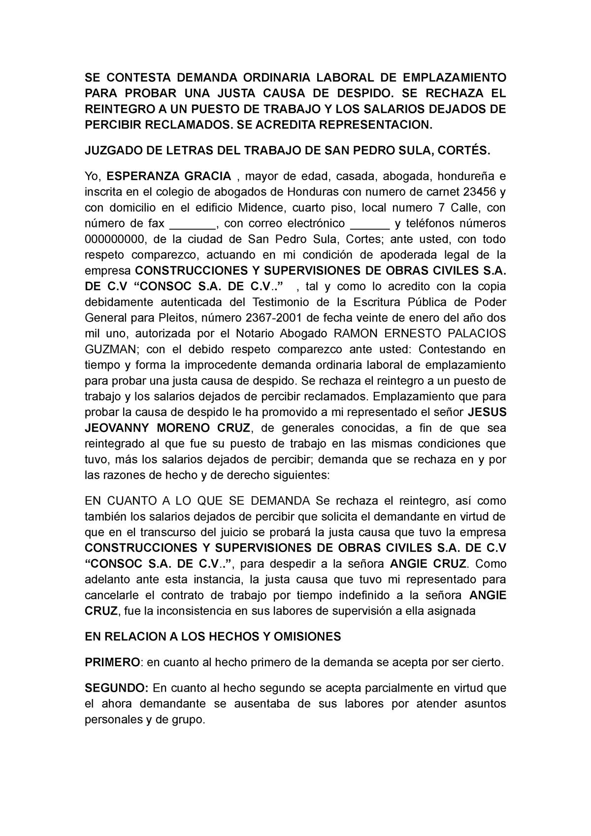 Contestación Demanda Laboral borrador; - SE CONTESTA DEMANDA ORDINARIA ...