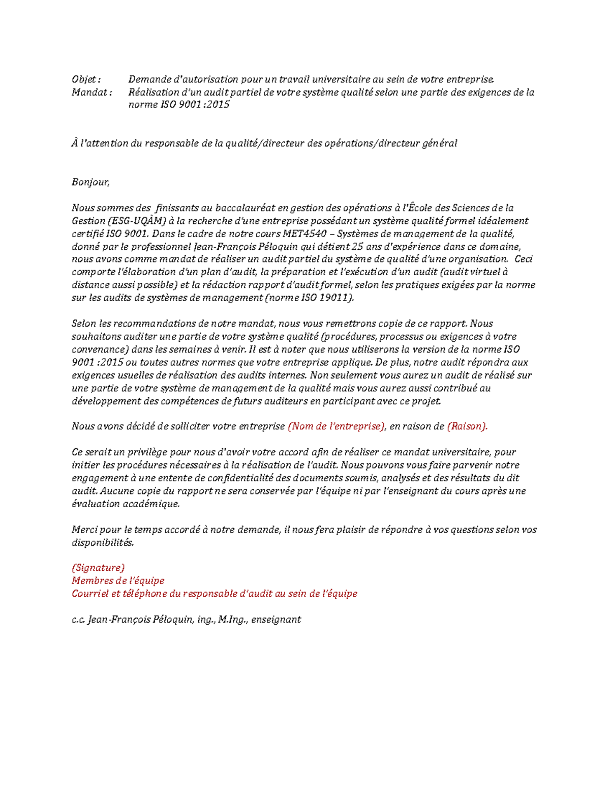 Lettre de sollicitation d entreprise pour audit qualité - MET4540 ...