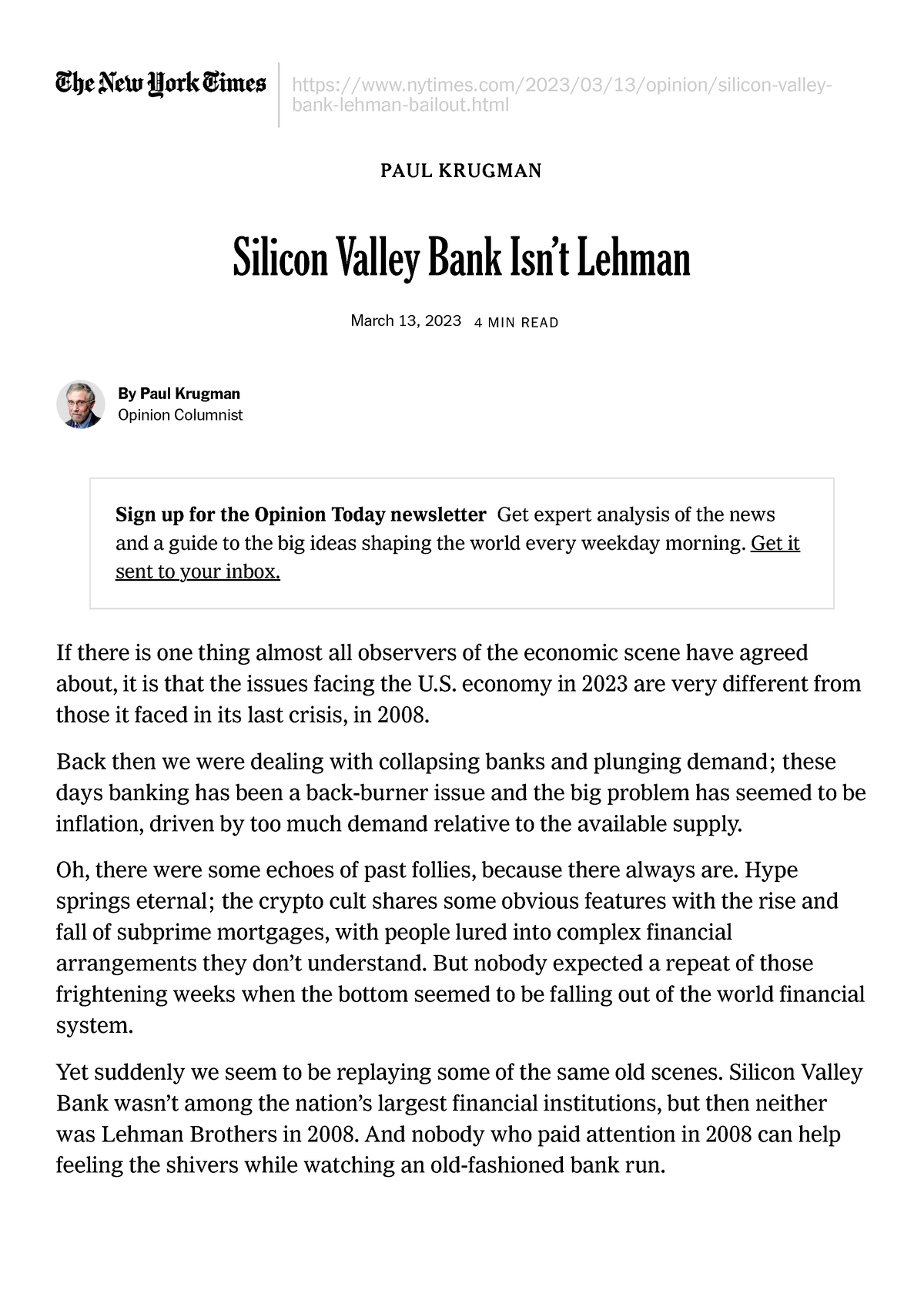 Opinion Silicon Valley Bank Isnt Lehman The New York Times - PAUL ...