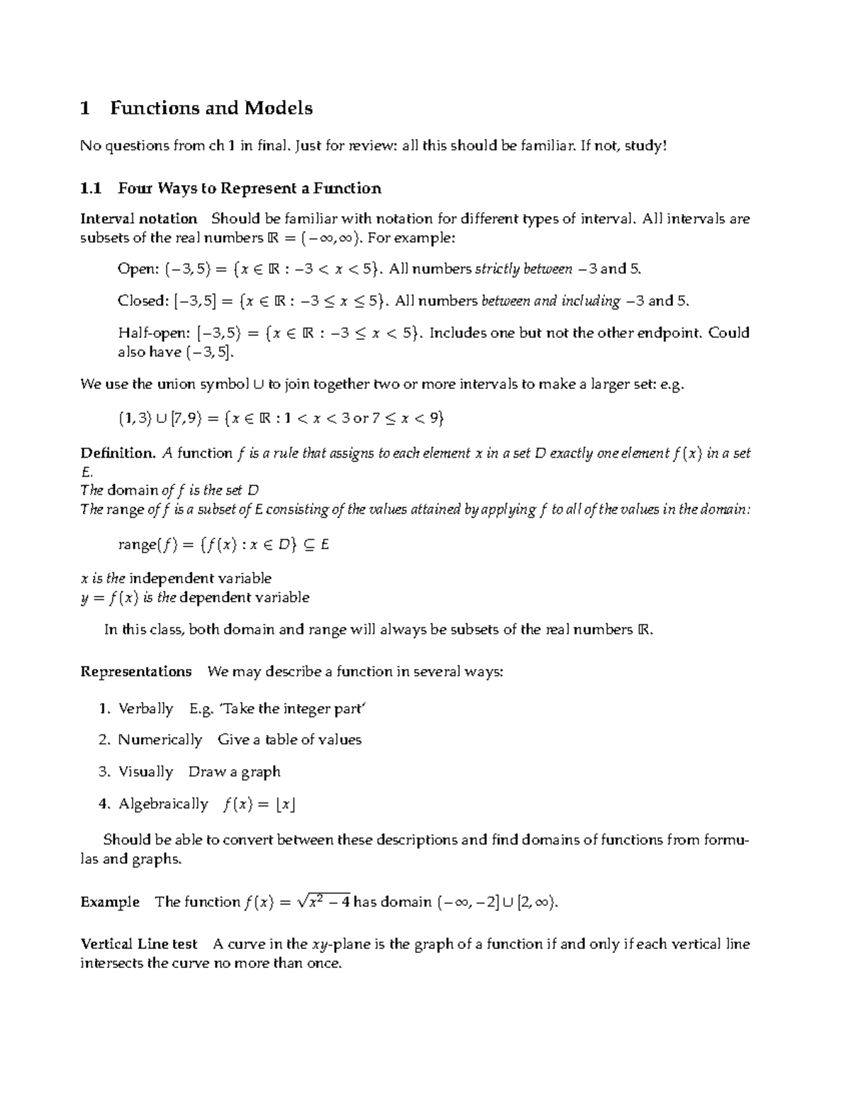 1-1 - notes - 1 Functions and Models No questions from ch 1 in final ...