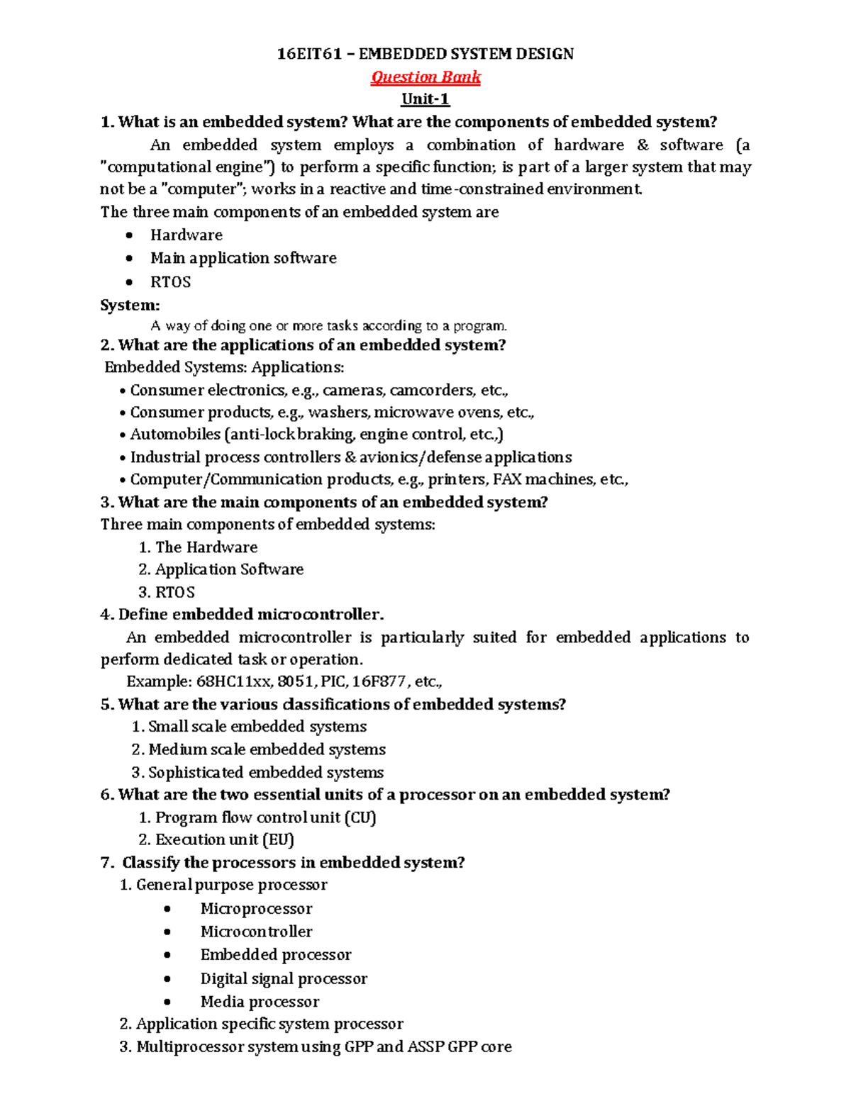 EC3033 Question BANK 16EIT61 EMBEDDED SYSTEM DESIGN Question Bank