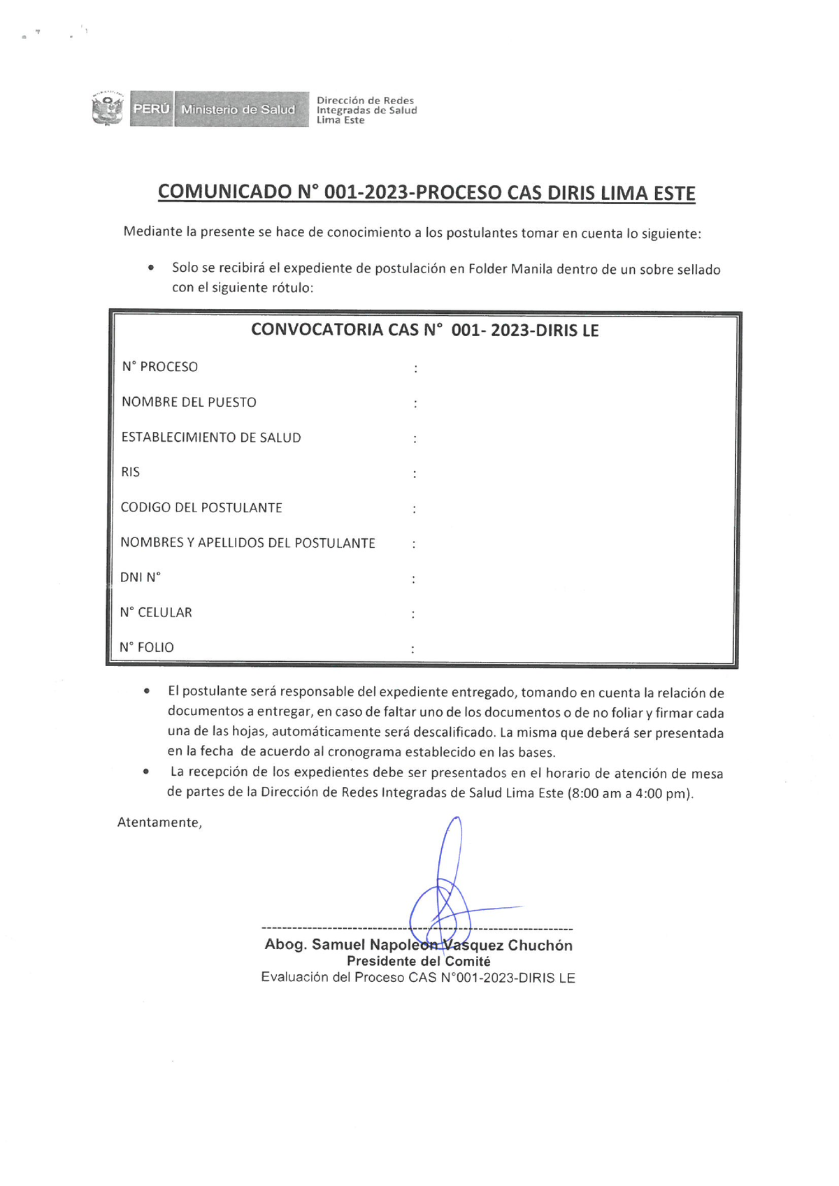 Comunicado N° 001- Precisiones DE Presentacion DE Expedientes Concurso ...