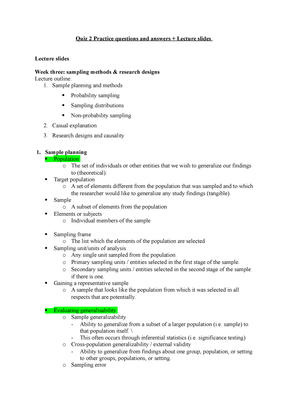 Quiz 2 Practice Questions And Answers Sample Planning And Methods Probability Sampling Studocu