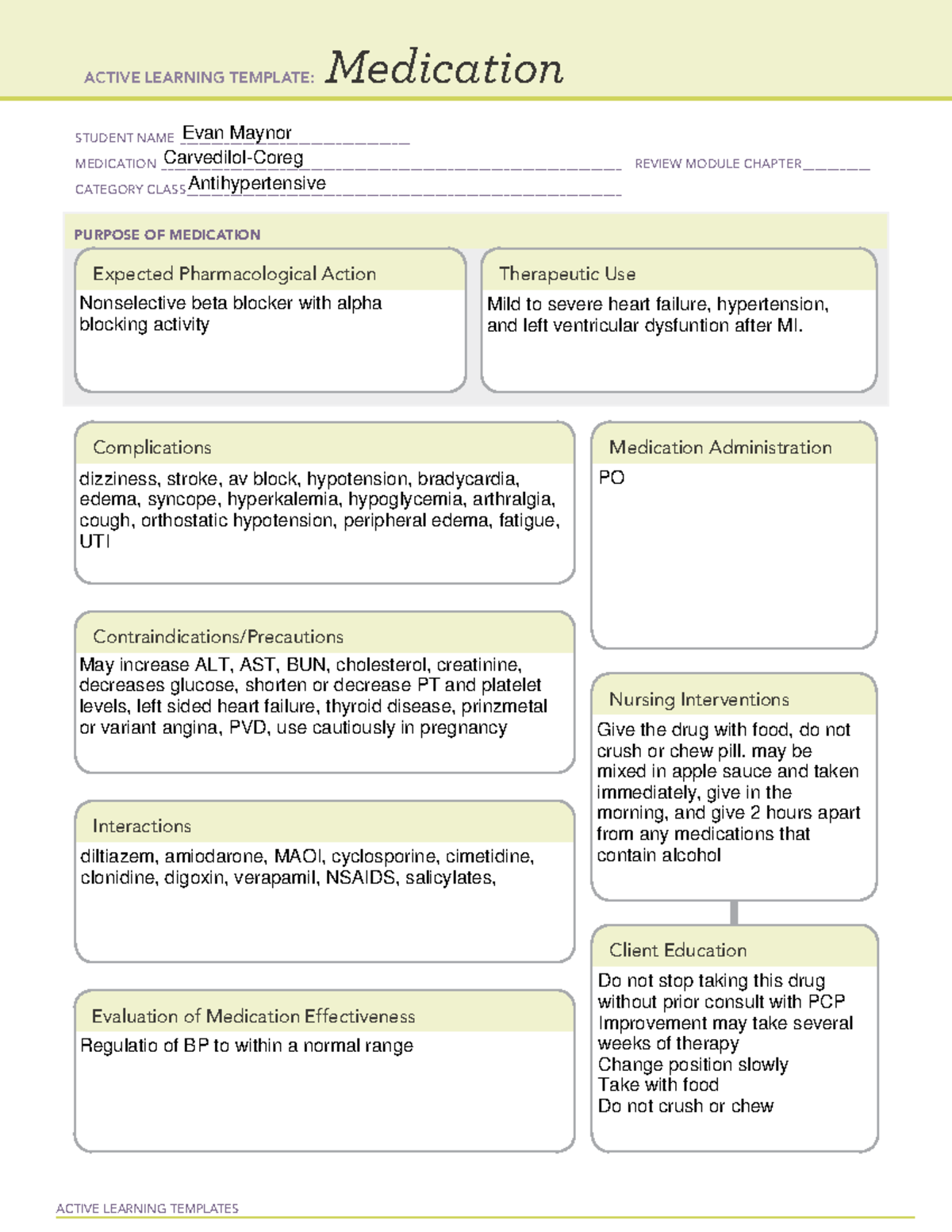 Carvedilol Med Sheet - Active Learning Templates Medication Student 