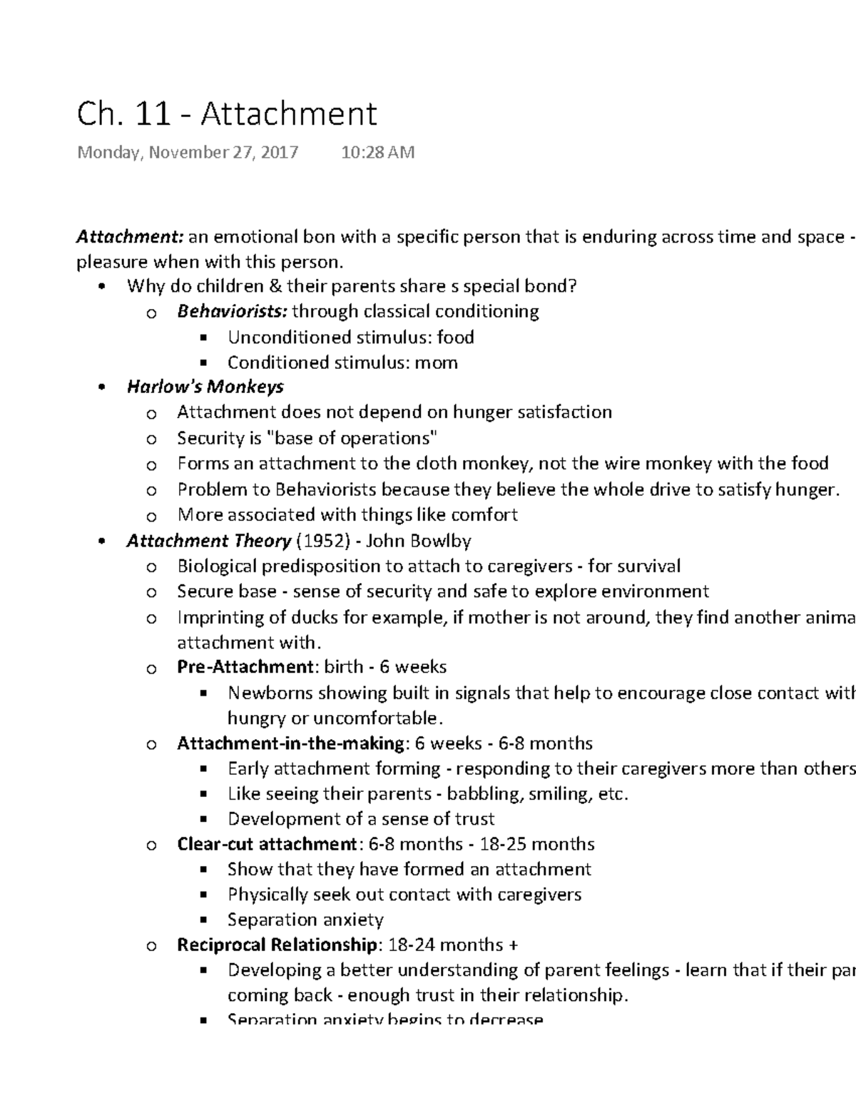 Ch. 11 - Attachment - Notes from Dr. Guy's developmental psychology ...