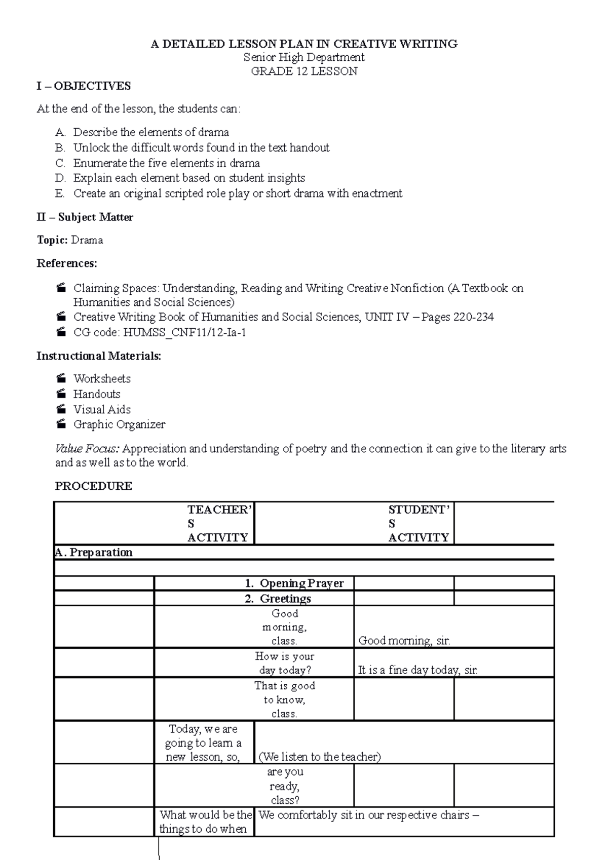 A Detailed Lesson PLAN IN Creative Writing - A DETAILED LESSON PLAN IN ...