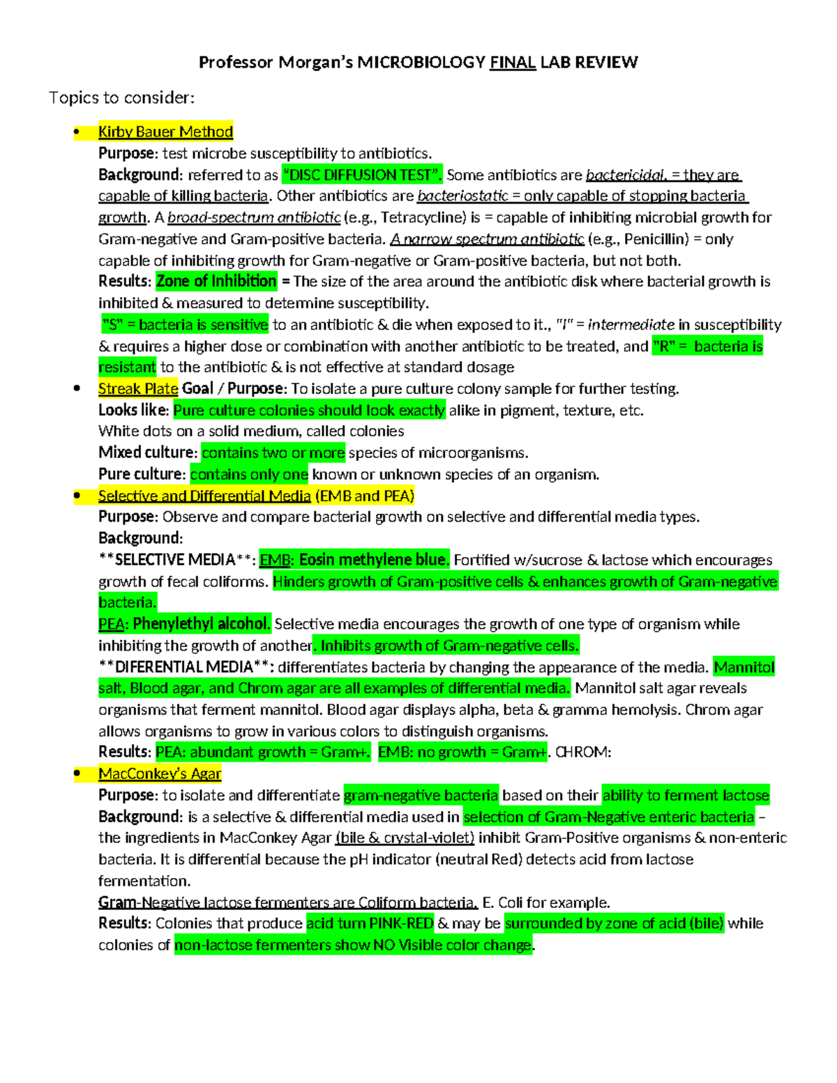 Final Lab Exam Review Professor Morgan S Microbiology Final Lab