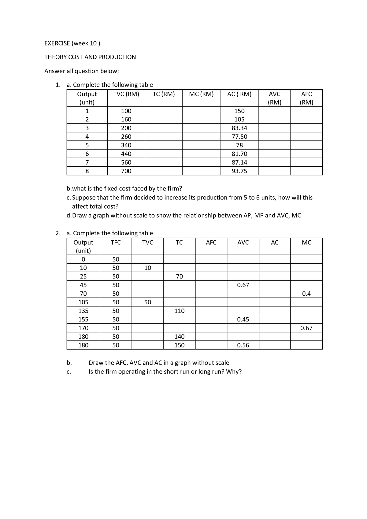 Exercise Production COST.week 10 - EXERCISE (week 10 ) THEORY COST AND ...