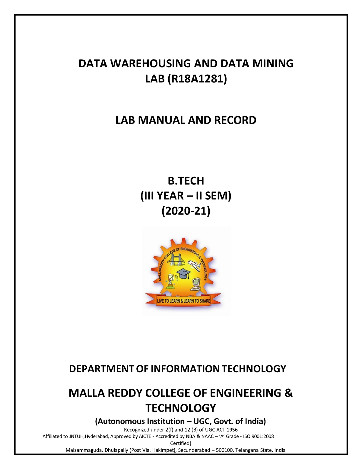 IT III B.TECH SEM II DWDM LAB Manual 20 21 DATA WAREHOUSING AND