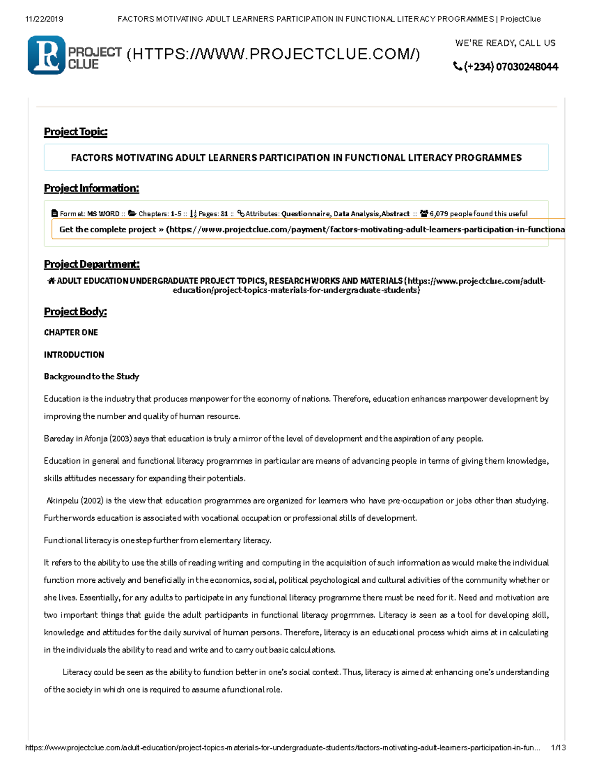 Factors Motivating Adult Learners Participation IN Functional Literacy 