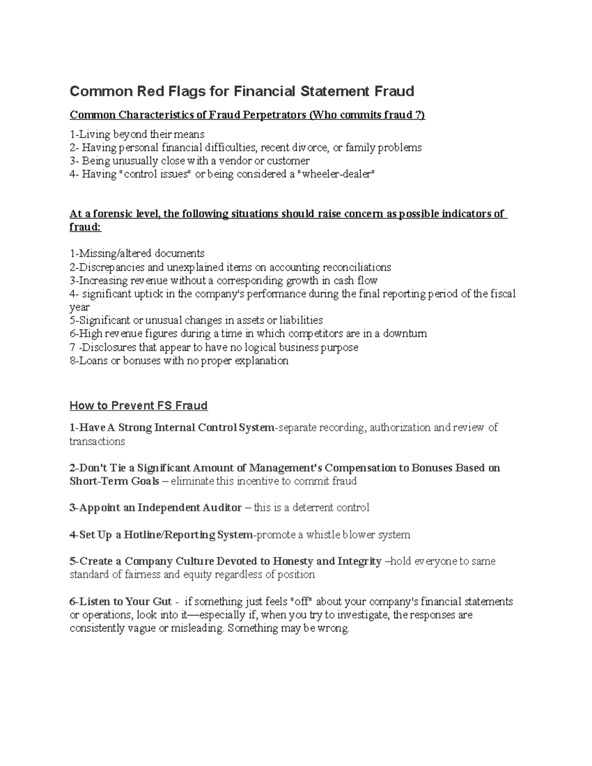 FS Fraud - Common Red Flags for Financial Statement Fraud Common ...
