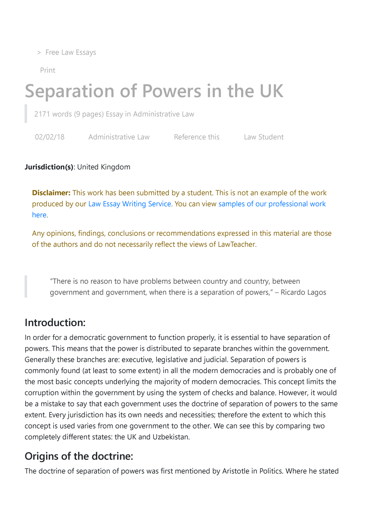 separation of powers essay uk