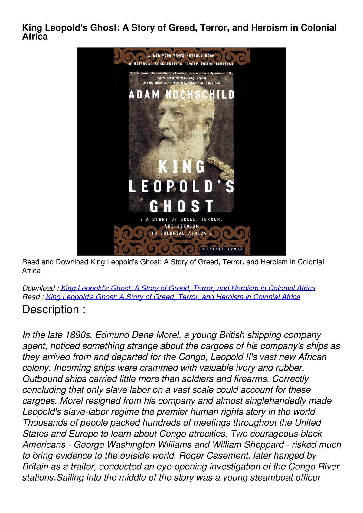 King Leopold's Ghost: A Story of Greed, by Hochschild, Adam