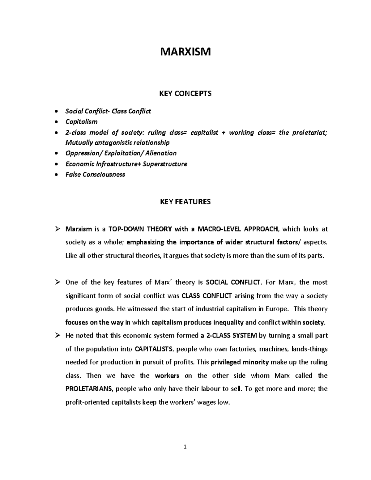 Sociology Notes Marxism - MARXISM KEY CONCEPTS Social Conflict- Class ...
