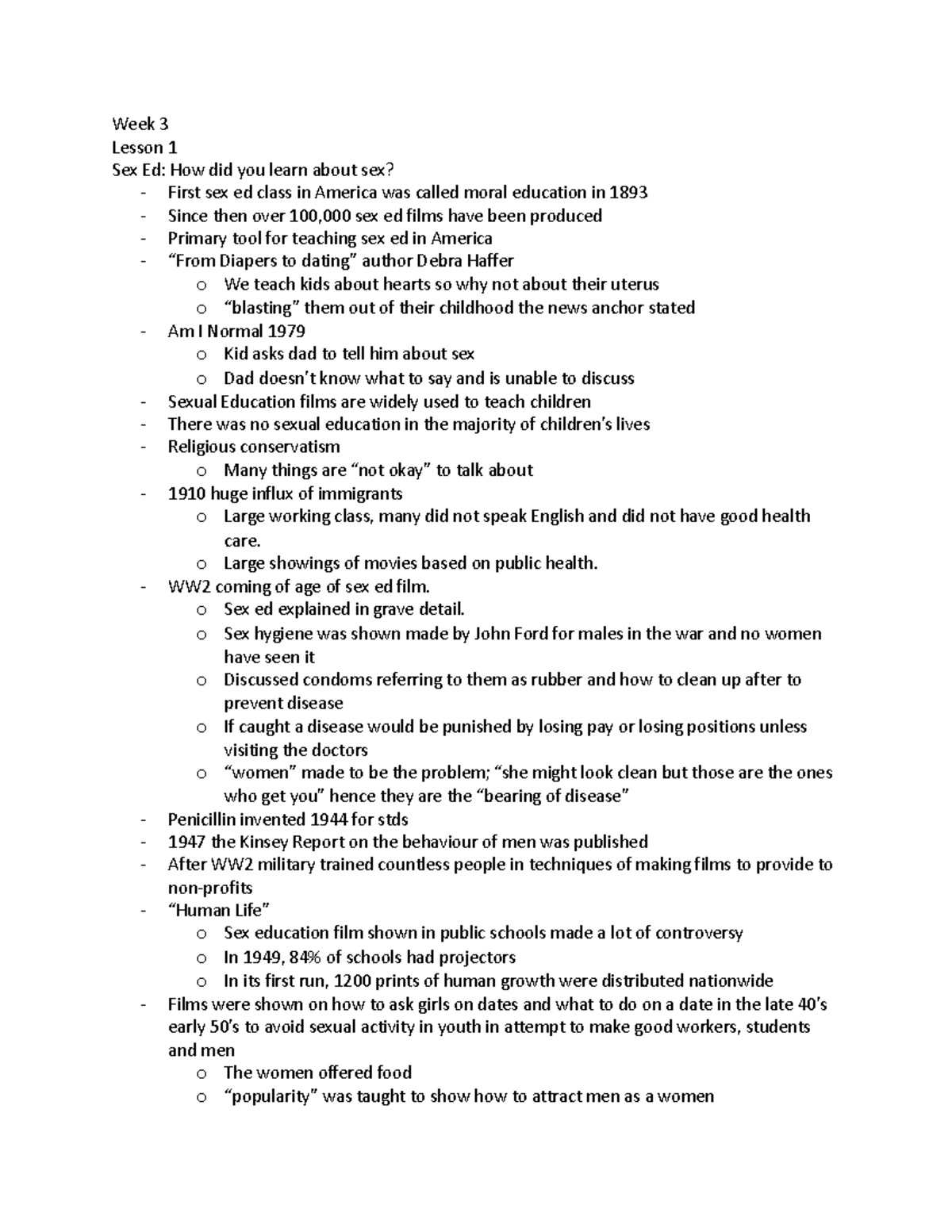 Week 3 - week 3 notes - Week 3 Lesson 1 Sex Ed: How did you learn about ...