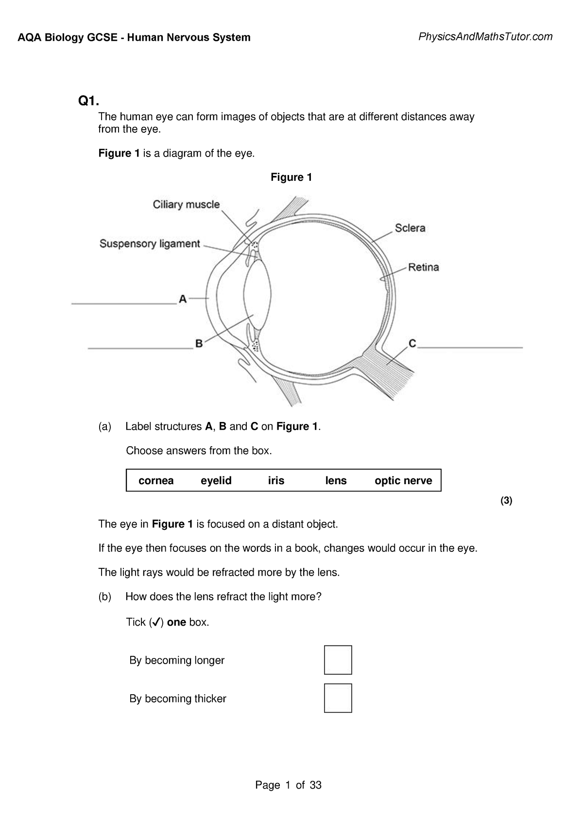 5.2 Human Nervous System QP - Q1. The human eye can form images of ...