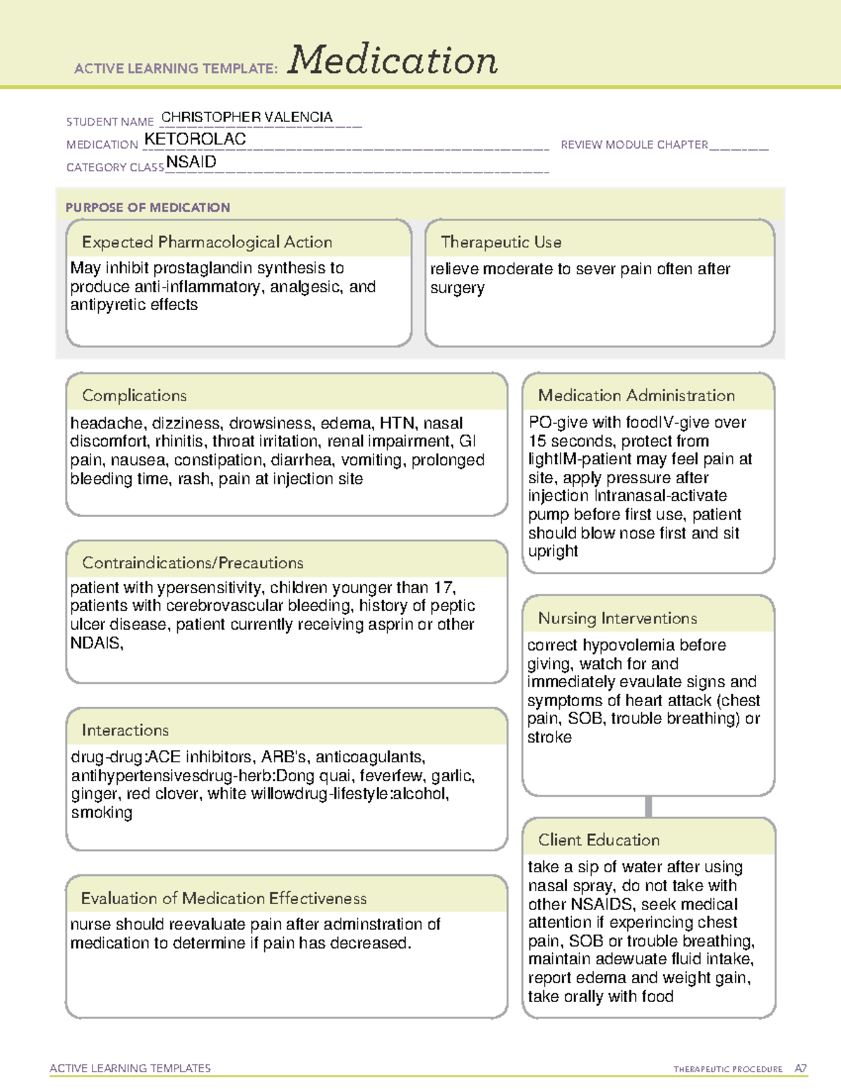 Ketorolac ACTIVE LEARNING TEMPLATES THERAPEUTIC PROCEDURE A