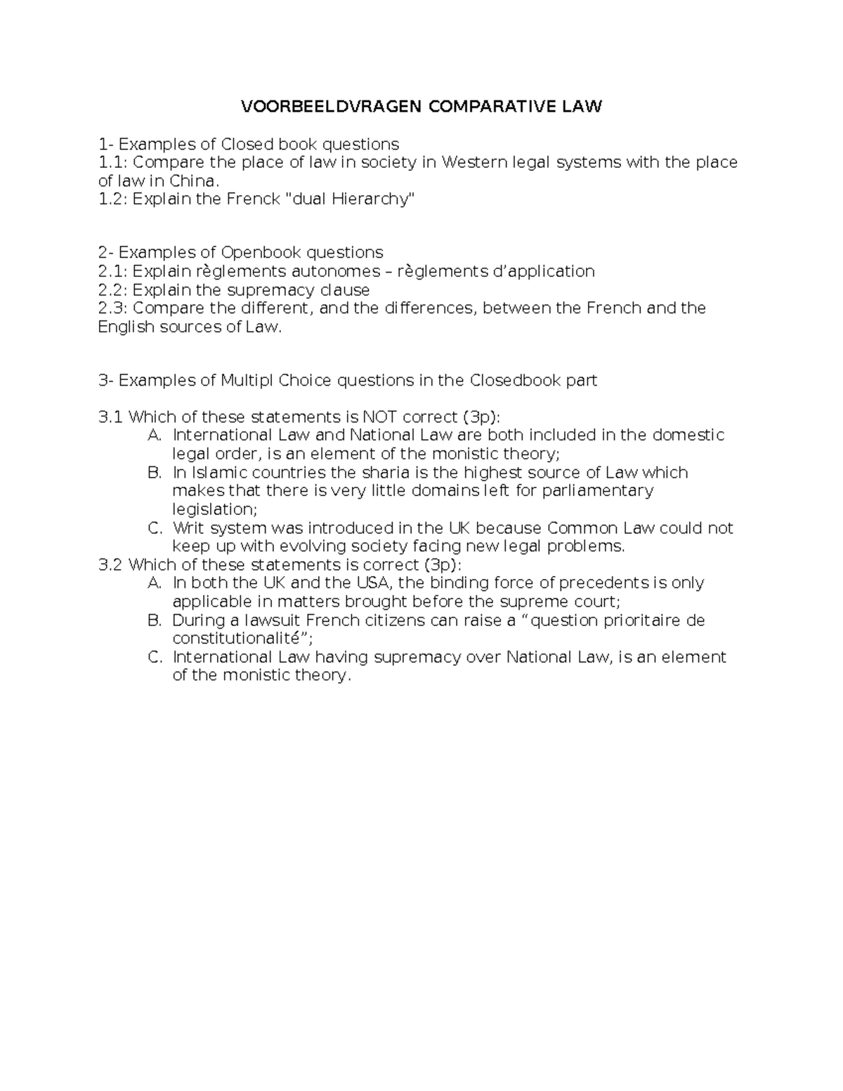 Voorbeeldvragen - Oefenvragen Examen Comparative Law - VOORBEELDVRAGEN ...