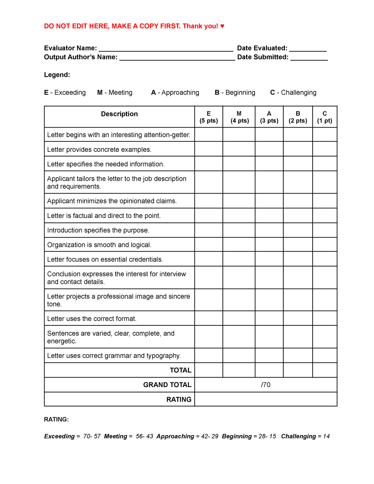 Peer Evaluation Rubric For Assessing a Job Application Letter - DO NOT ...