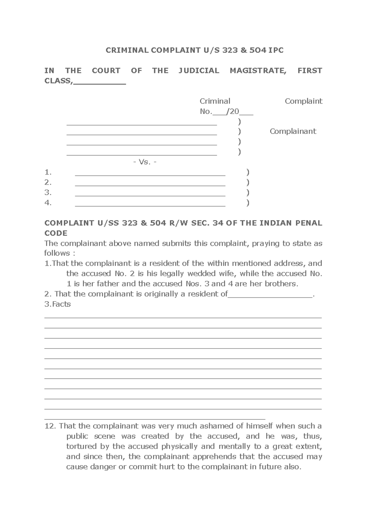 Criminal Complaint Defamtation - CRIMINAL COMPLAINT U/S 323 & 5O4 IPC ...