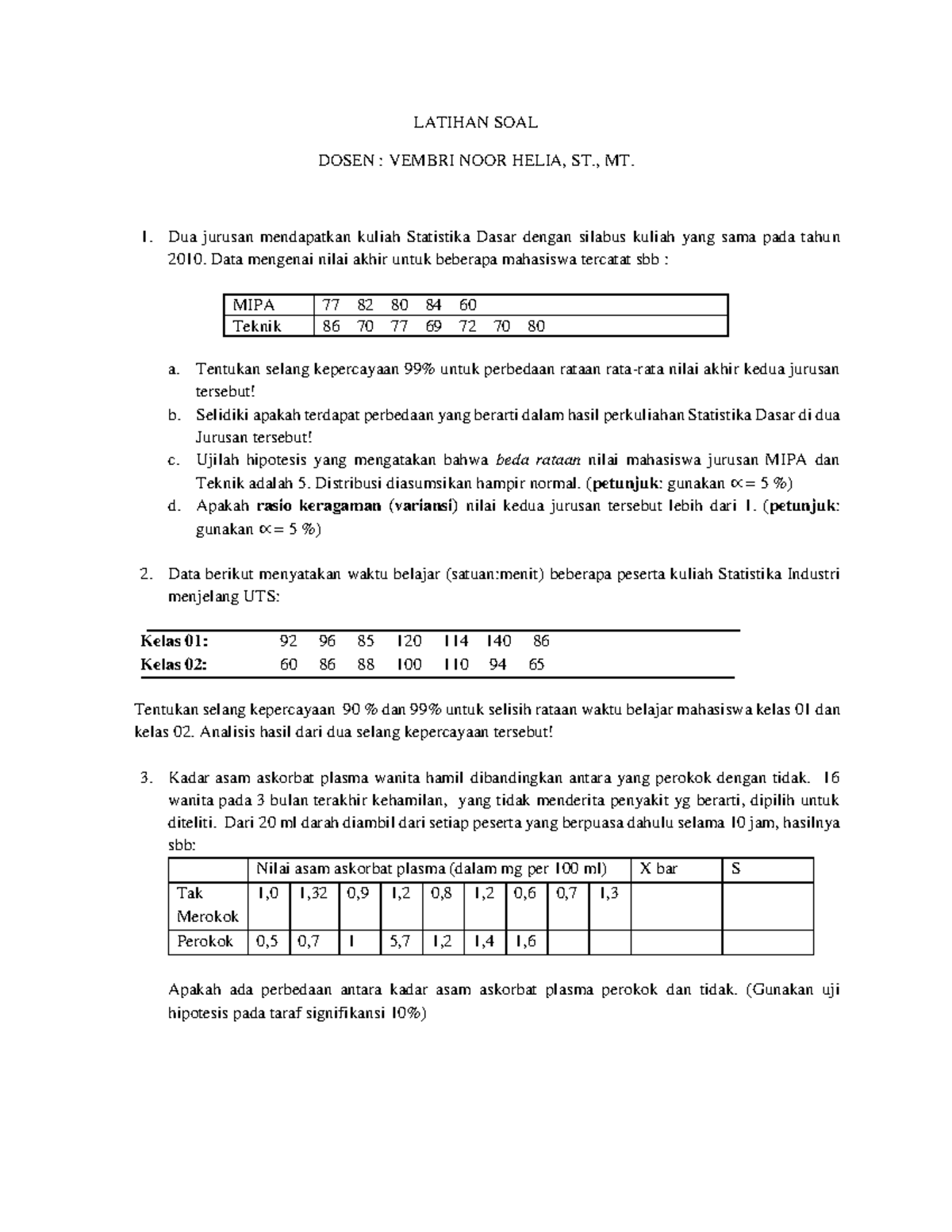 Latihan Statistika Industri 1 UJI BEDA - LATIHAN SOAL DOSEN : VEMBRI ...