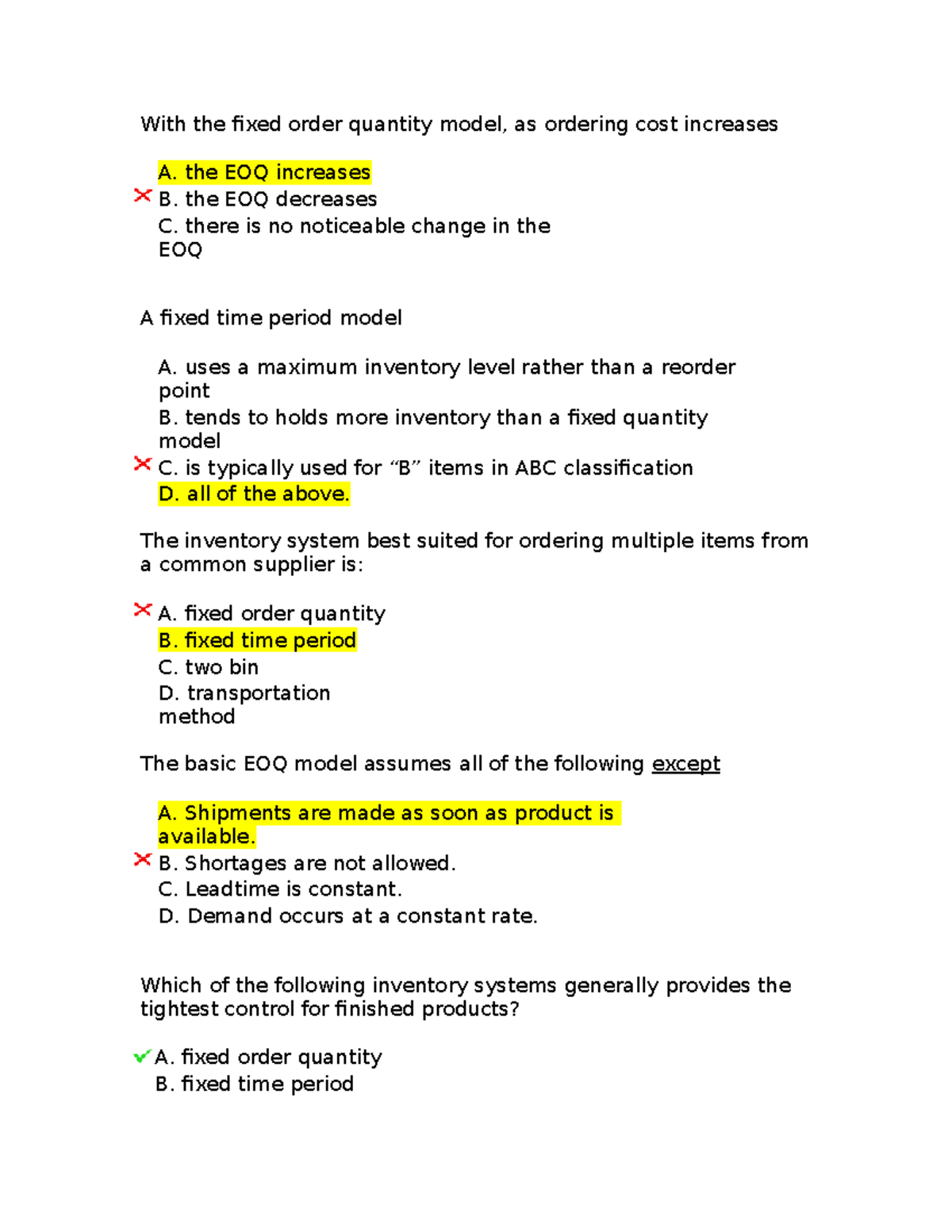 quiz4practicereview - With the fixed order quantity model, as ordering ...
