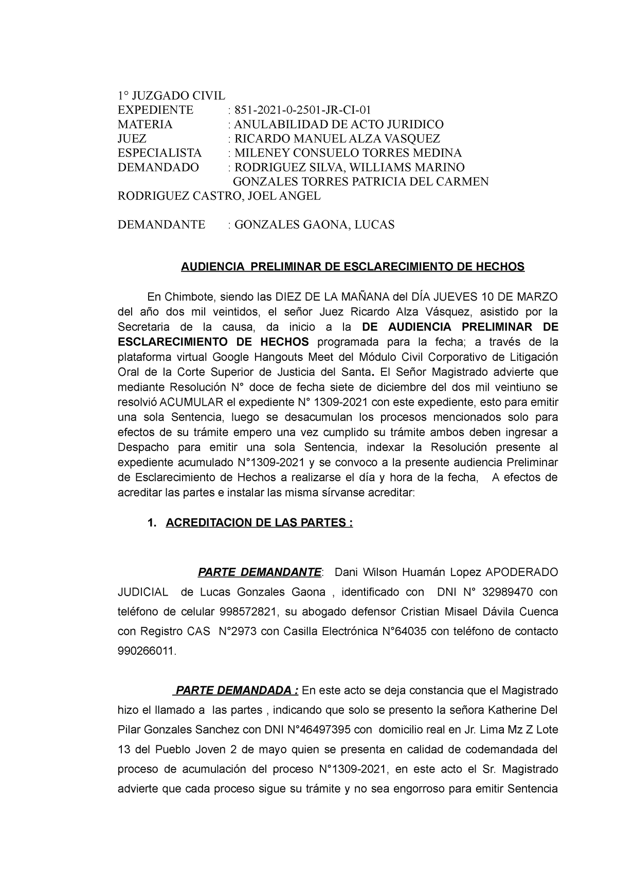 ACTA Audiencia 851-2021 DEL 10 DE Marzo - 1° JUZGADO CIVIL EXPEDIENTE ...