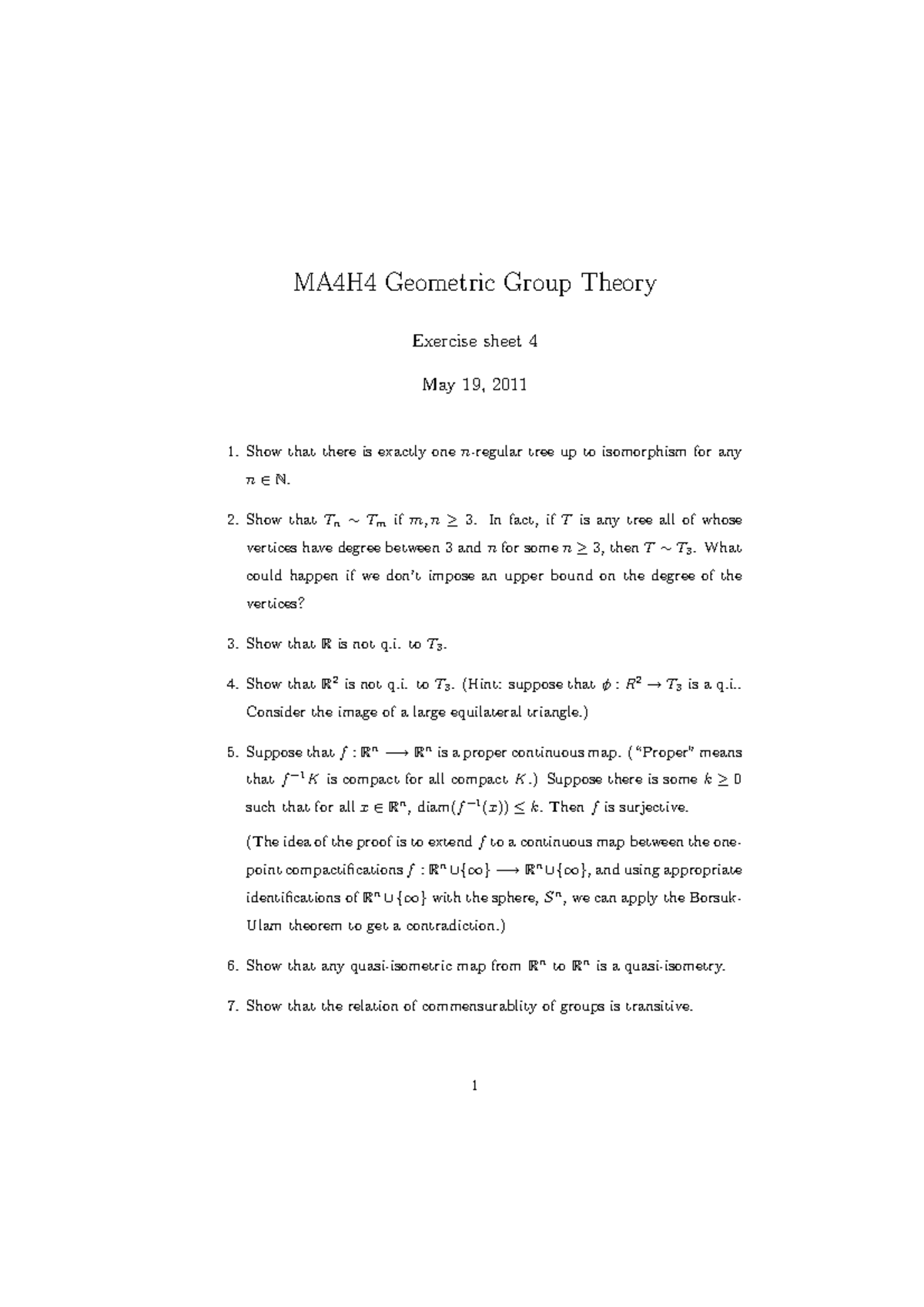MA4H4 2010-2011 Problem Sheet 4 - MA4H4 Geometric Group Theory Exercise ...