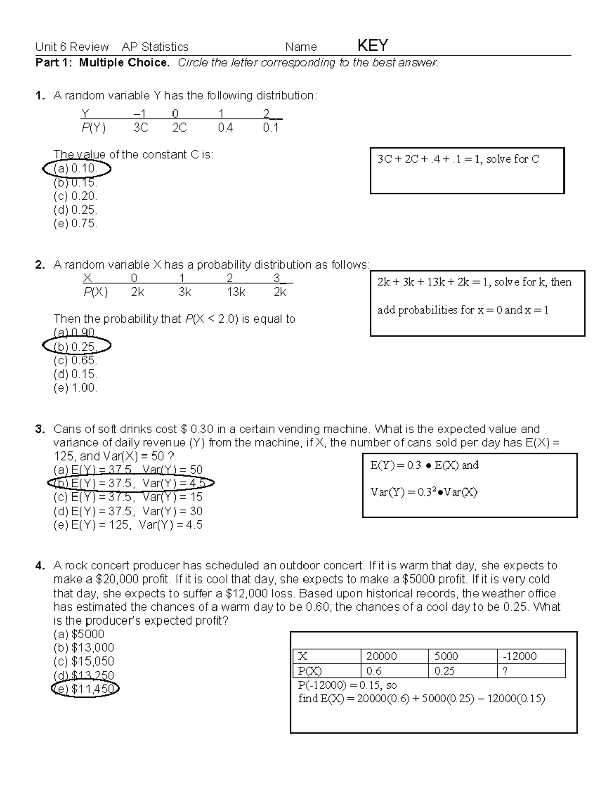 Aps U6 Test Review 2016 Key - Unit 6 Review AP Statistics Name KEY Part ...