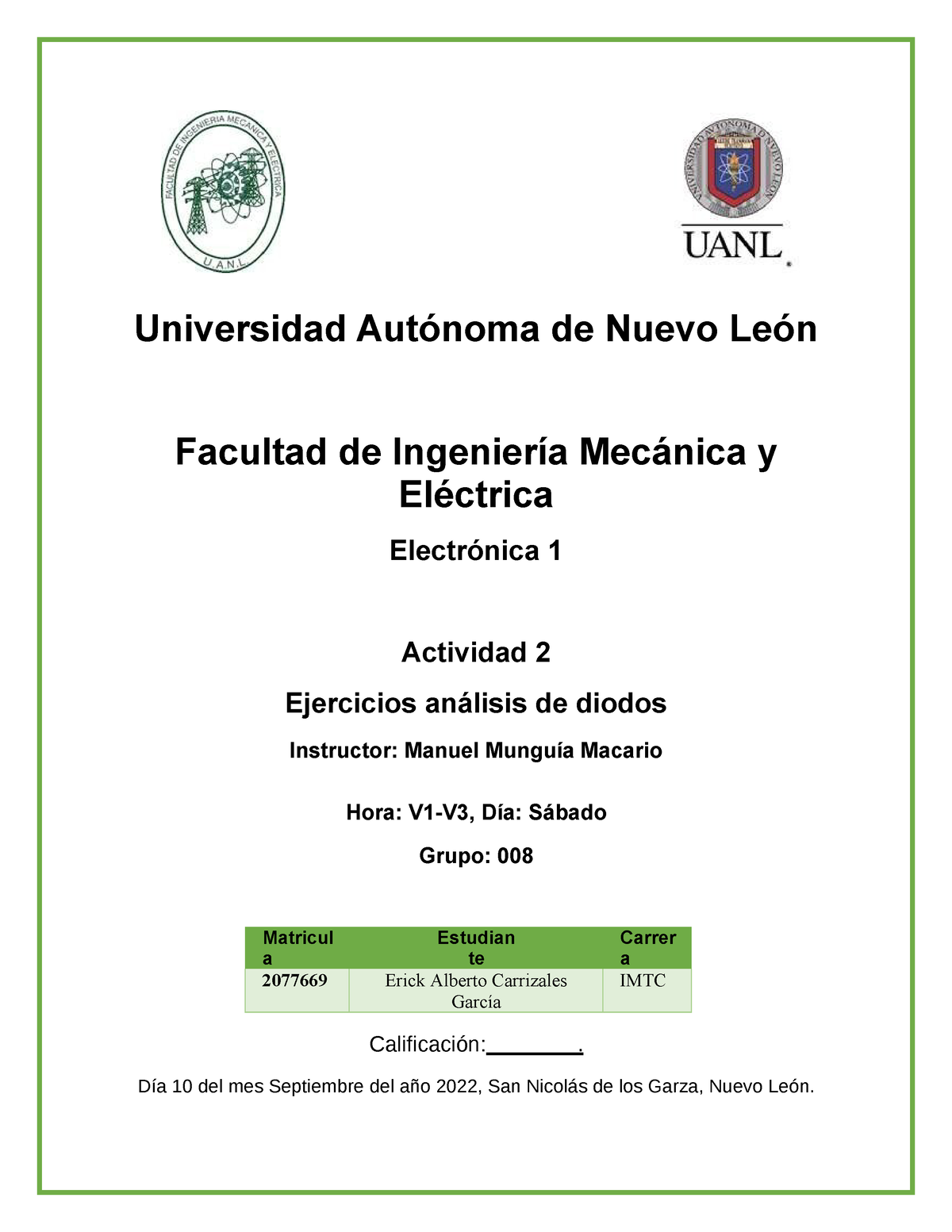 Actividad 2 Electronica 1 2077669 Universidad Autónoma De Nuevo León Facultad De 7184