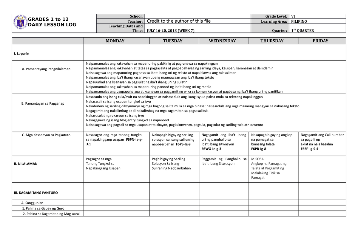 DLL Filipino 6 Q1 W7 - WEEK 7 - GRADES 1 To 12 DAILY LESSON LOG School ...