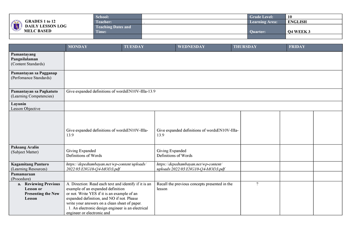 MELC DLL ENG 10 WEEK 3 Q4 DONE - GRADES 1 to 12 DAILY LESSON LOG MELC ...