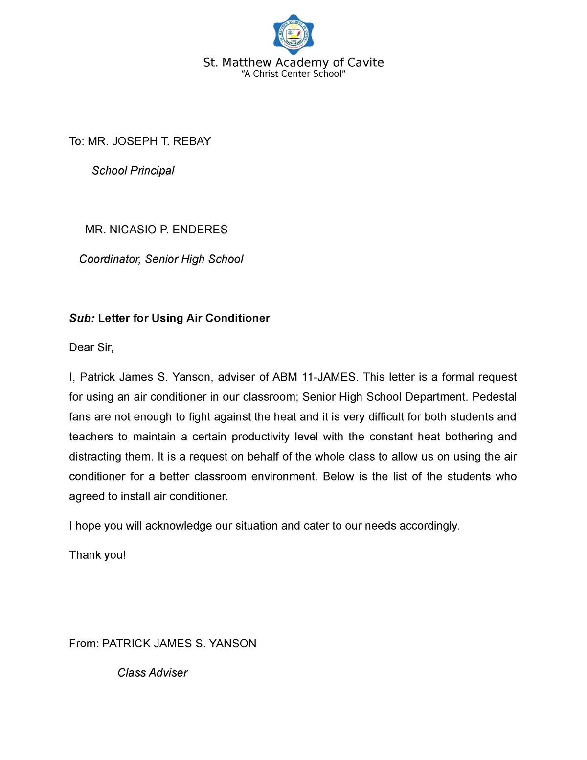 Letter OF Agreement and Request FOR AC - St. Matthew Academy of Cavite ...