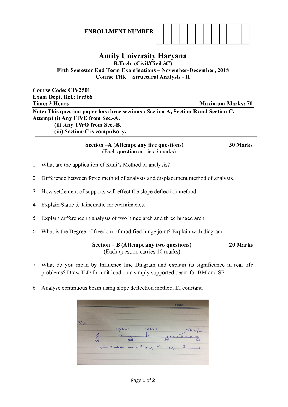 B Tech(CE)-V Structural Analysis - II Out - Page 1 Of 2 ENROLLMENT ...