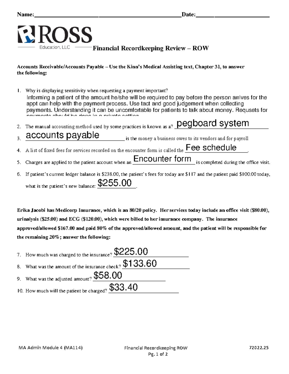 MA114 ROW 2 Financial Recordkeeping Review - MA Admin Module 4 (MA114 ...