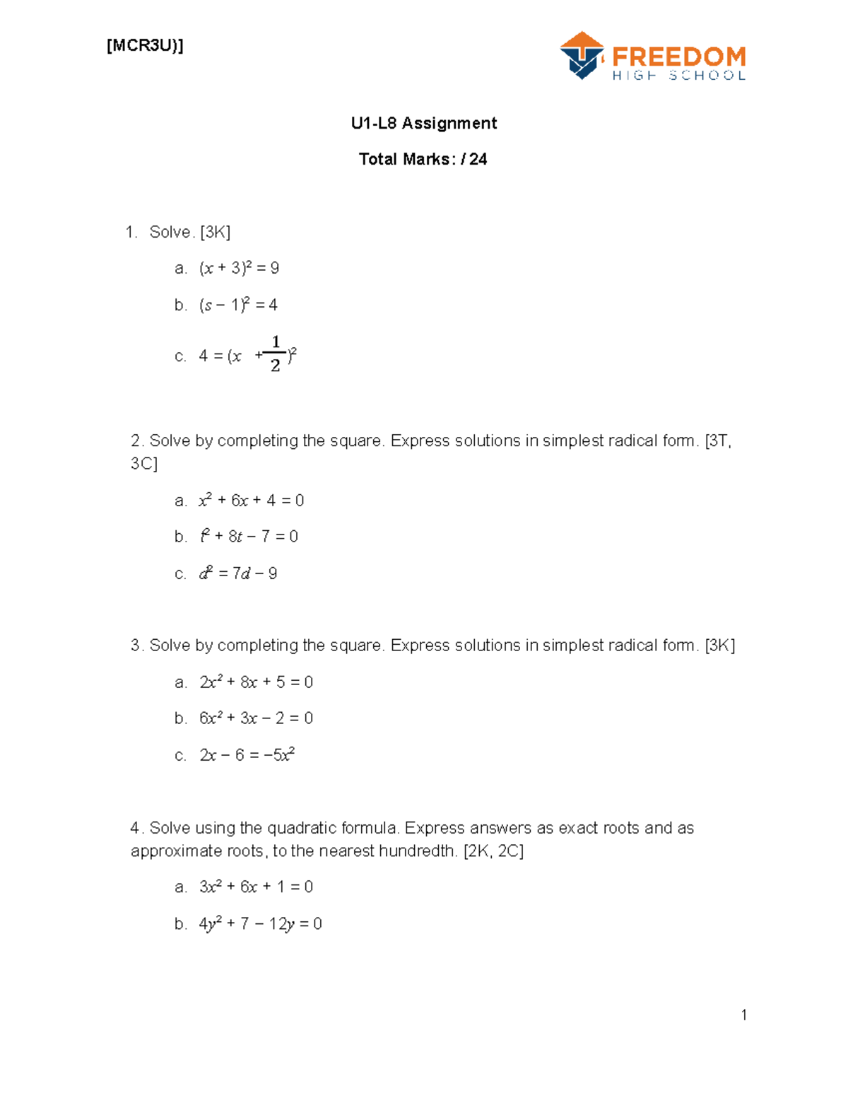 U1-L8 Assignment (MCR3U) - [MCR3U)] U1-L8 Assignment Total Marks: / 24 ...
