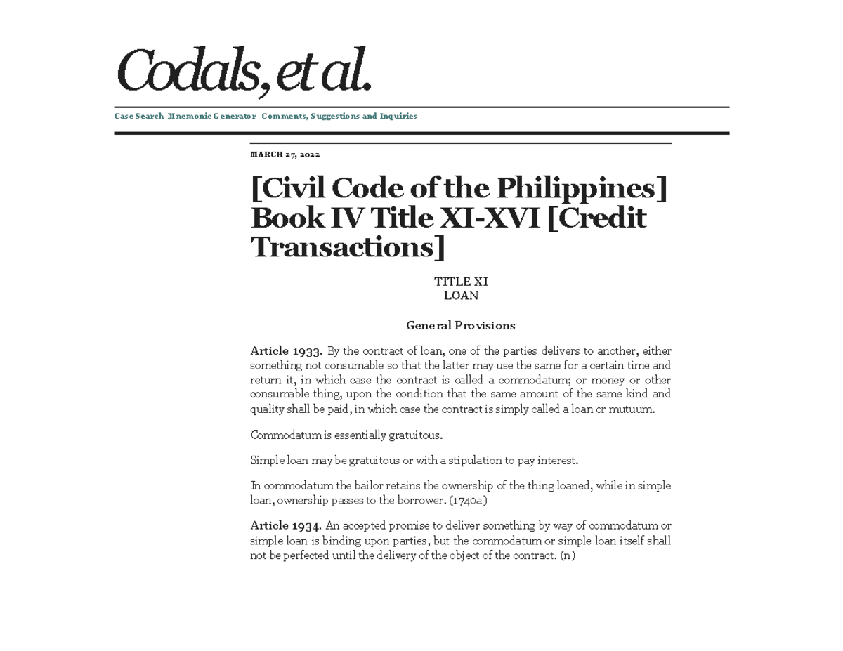 Codals, et al. [Civil Code of the Philippines] Book IV Title XIXVI
