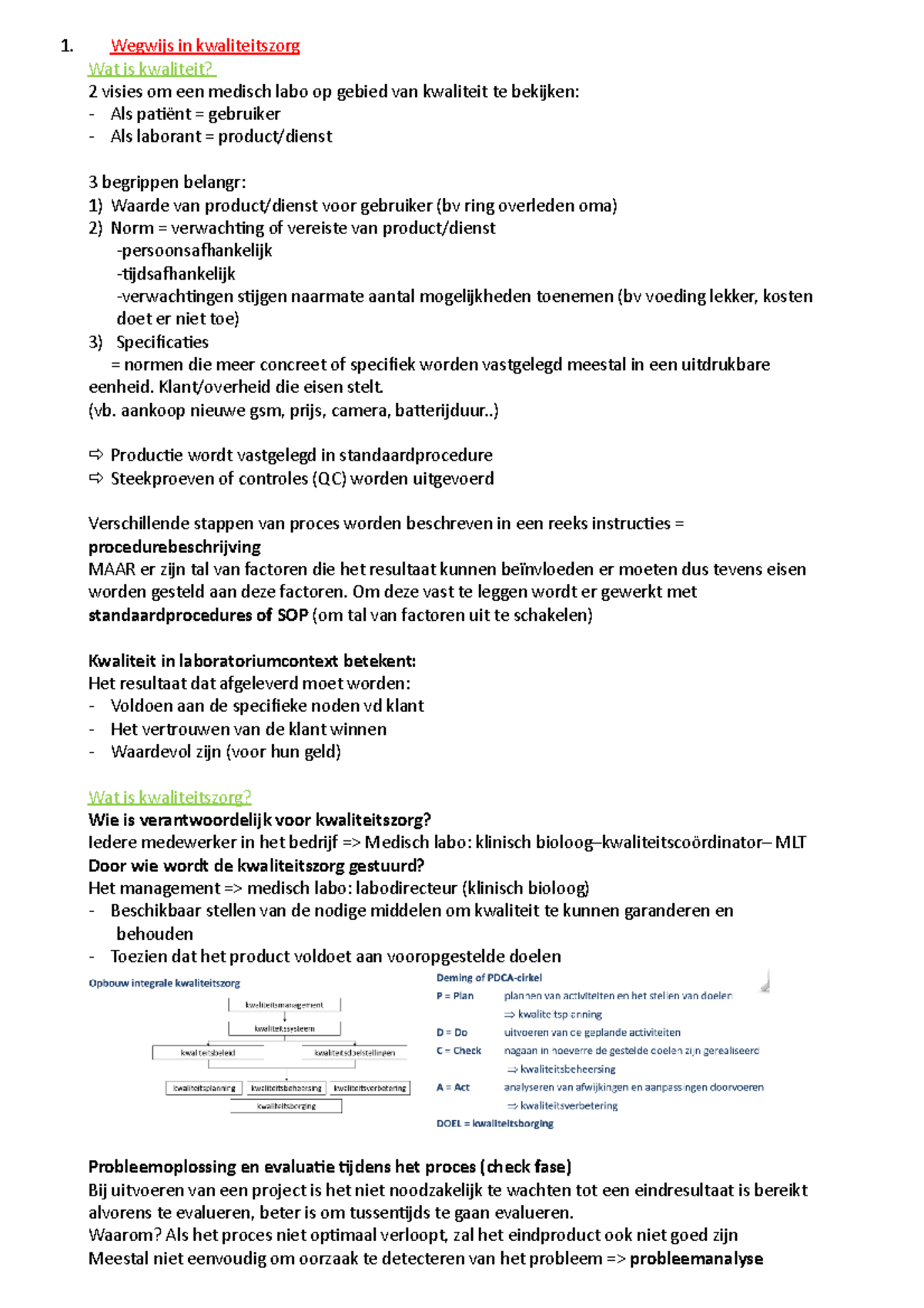 Samenvatting H1 - Wegwijs In Kwaliteitszorg Wat Is Kwaliteit? 2 Visies ...